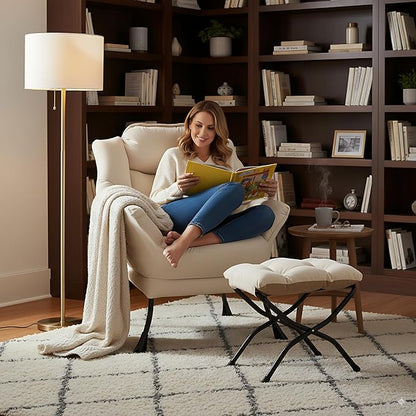 LITA Lazy Chair with Ottoman, Modern Accent Leisure Upholstered Sofa, Contemporary Lounge Reading Chair with Armrests and a Side Pocket for Living Room, Bedroom & Small Space, Beige