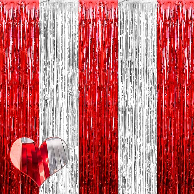 4 Pack 3.2Ft x 8.2Ft Red and Silver Fringe Curtain Backdrop, Metallic Tinsel Foil Fringe Streamers Curtains Background for Photo Booth Wedding Circus Welcome Carnival Birthday Party Decorations
