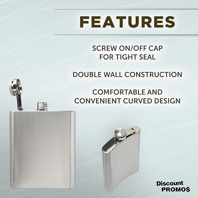 Murano Stainless Steel Hip Flasks 6 oz. Set of 10, Bulk Pack - Screw on Cap, Great for Wedding Party Gifts, Groomsmen Gifts, Outdoor Activities - Silver