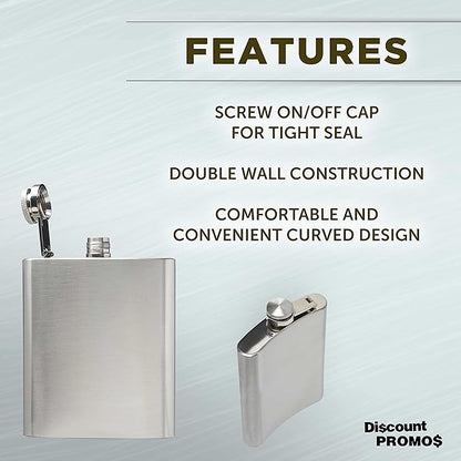 Murano Stainless Steel Hip Flasks 6 oz. Set of 10, Bulk Pack - Screw on Cap, Great for Wedding Party Gifts, Groomsmen Gifts, Outdoor Activities - Silver