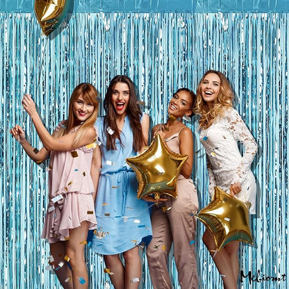 4 Pack Light Blue Fringe Curtain Backdrop, 3.2Ft x 8.2Ft Metallic Tinsel Foil Fringe Streamers Curtains Background for Photo Booth Birthday Wedding Baby Shower Party Thanksgiving Christmas Decorations