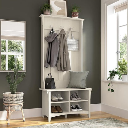 Bush Home Salinas Hall Tree with Shoe Storage Bench in Antique White, Multi-Purpose Home Organizer, Entryway Solution with Seating and Hooks