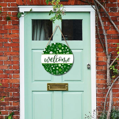 St Patricks Day Welcome Door Decoration for Home Welcome Shamrock Wreath Sign for Front Door St Patricks Day Outdoor Decorations Hanging Wooden Sign for Home Proch Spring Farmhouse 12x12 Inch