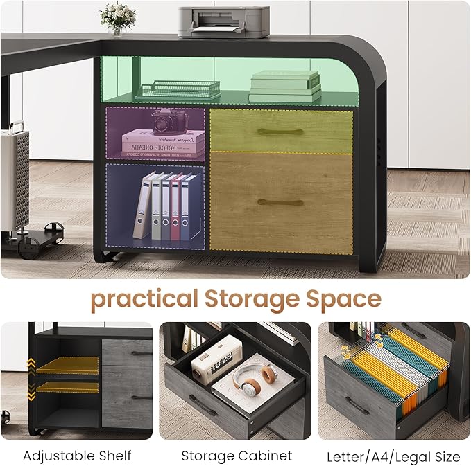 SEDETA 61 Inch Executive Desk, Large Office Desk with File Drawer, L Shaped Desk with Drawers, Computer Desk with Mobile CPU Stand, Storage Shelves, Power Outlets for Home Office, Gray