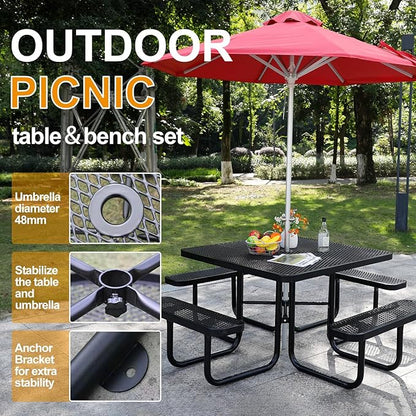 46-Inch Square Outdoor Picnic Table – Commercial Heavy-Duty Steel Dining Table with Thermoplastic Coating, Weather & Rust Resistant, Ideal for Parks, Patios, Schools, Campgrounds (Black)