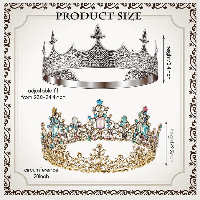 Sureio 2 Pcs King and Queen Crowns Set Antique Baroque Royalty Tiaras Costume Accessories for Halloween Couple Cosplay, Birthday Wedding Prom Party(Noble Style)