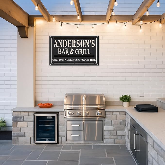 Custom Name BBQ Cut Metal Wall Sign, Personalized Outdoor Grill Decor for Patio, Backyard, Rustic Barbecue Gift