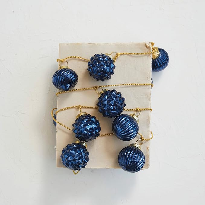 Creative Co-Op Embossed Mercury Glass Ornament Garland with Gold Cord, Dark Blue