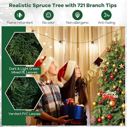 GOFLAME 6FT Artificial Christmas Tree, Hinged Xmas Spruce Tree with 721 Branch Tips, Foldable Metal Stand, Seasonal Holiday Decoration Tree for Home Office Party