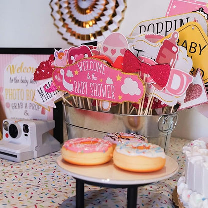 Girl Baby Shower Photo Booth Props - 41-pc Photobooth Kit with 8 x 10-Inch Sign, 60 Adhesive Pads, 45 Sticks - Baby Photo Booth Props Girl - Photo Props for Baby Shower