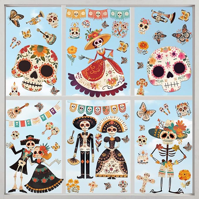 Dia de Los Muertos Decorations, Day of The Dead Window Clings, Halloween Window Stickers, Mexican Fiesta Party Decor, Sugar Skull Skeleton Musical Decals, 9 Sheets