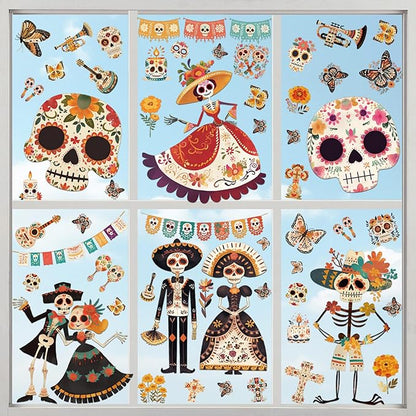 Dia de Los Muertos Decorations, Day of The Dead Window Clings, Halloween Window Stickers, Mexican Fiesta Party Decor, Sugar Skull Skeleton Musical Decals, 9 Sheets