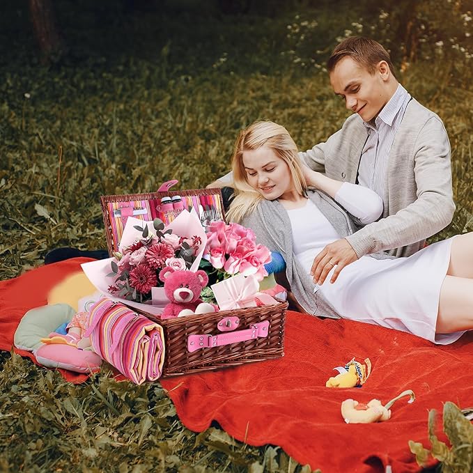 Wicker Picnic Basket for 4 with Waterproof Picnic Blanket and Insulated Cooler, Willow Hamper for Camping, Outdoors, Photoshoot, or a Birthday, Valentine’s Day, Wedding Gift, Pink