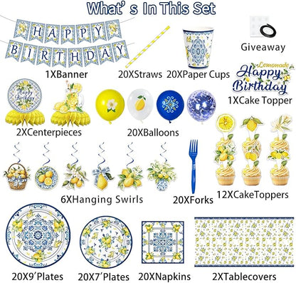 188PCS Capri Lemon Party Supplies Blue Tiles Yellow Birthday Decorations Amalfi Coast Lemon Summer Citrus Mediterranean Plates Napkins Set Banner Tablecloth CakeTopper Balloon Honeycomb Centerpieces