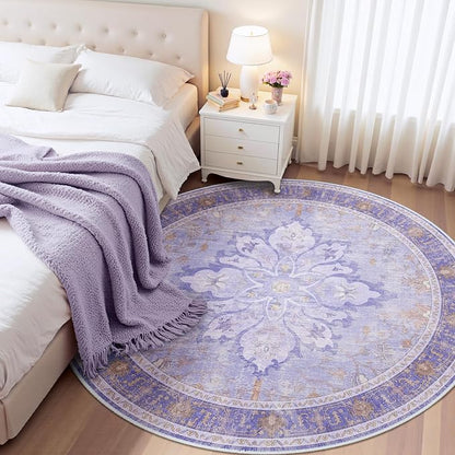Area Rugs 4ft Washable Non-Slip, Floral Vintage Distress Print Pattern Medallion Carpet for Living Room Bedroom Dining Room, Light Purple Brown