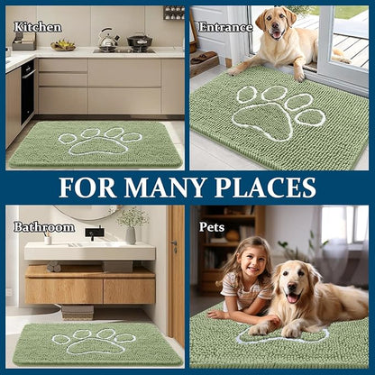 OLANLY Dog Door Mat for Muddy Paws 47x24, Paw Print Design, Absorbs Moisture and Dirt, Non-Slip Washable Doormat, Quick Dry Chenille Mud Mat for Dogs, Entry Indoor Entryway Carpet, Sage Green