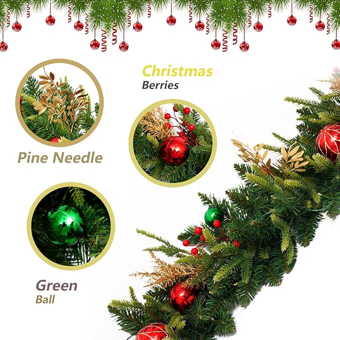 9 FT Pre-lit LED Christmas Garland with 20 Red Balls, Multi-Function Christmas Garland with 50 Warm White LED Lights for Mantle Fireplace Staircase Porch Decor