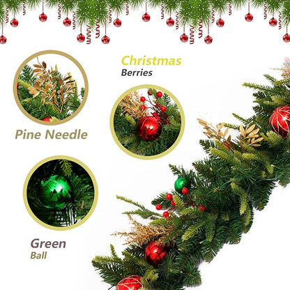 9 FT Pre-lit LED Christmas Garland with 20 Red Balls, Multi-Function Christmas Garland with 50 Warm White LED Lights for Mantle Fireplace Staircase Porch Decor