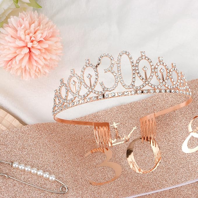 CIEHER 30th Birthday Crown + Sash + Pearl Pin Set, Rose Gold Decorations for Women's 30th Birthday Gifts with Tiara, Cake Topper & Happy Party Decor