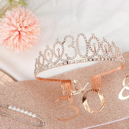 CIEHER 30th Birthday Crown + Sash + Pearl Pin Set, Rose Gold Decorations for Women's 30th Birthday Gifts with Tiara, Cake Topper & Happy Party Decor