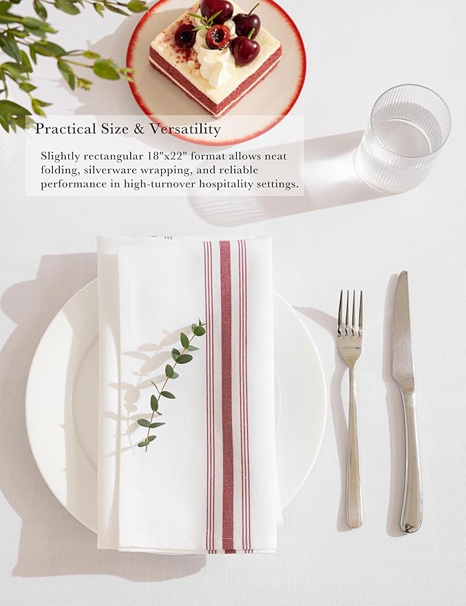 100% Polyester Napkin 18"x22", Dual-Stripe Border – Durable Decorative Napkins for Restaurants & Events, Bright Red, Set of 12
