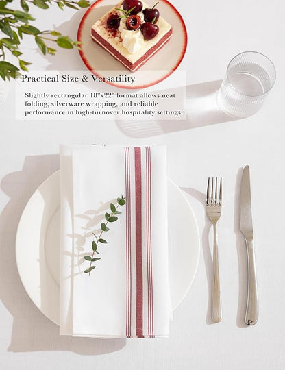 100% Polyester Napkin 18"x22", Dual-Stripe Border – Durable Decorative Napkins for Restaurants & Events, Bright Red, Set of 12