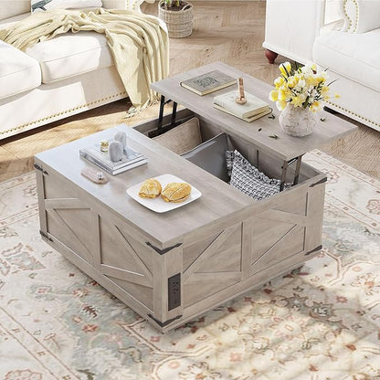 Farmhouse Lift Top Coffee Table, Square Wood Center Table with LED Lighting, USB-C Charging Station, and Hidden Storage Compartment - Rustic Grey Living Room Furniture