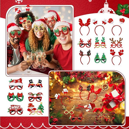Hiboom 64 Pcs Christmas Glasses Frame and Headbands Set, Glitter Eyewear with Christmas Headband for Adults Holiday Party Decoration Photo
