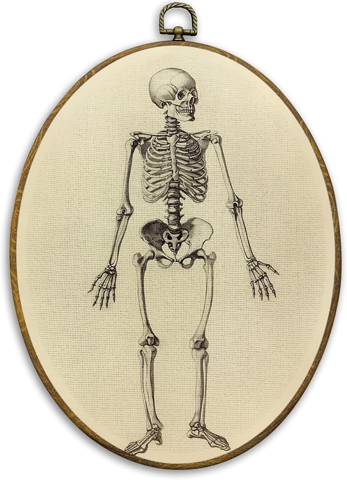 CUANFDDSF Vintage Gothic Skeleton Oval Wall Art Decor, Gothic Spooky Human Skeleton Wall Hanging Decor, Neutral Goth Skull Framed Canvas Prints for Home Bedroom Living Room Office, 8.6x11.4 Inch