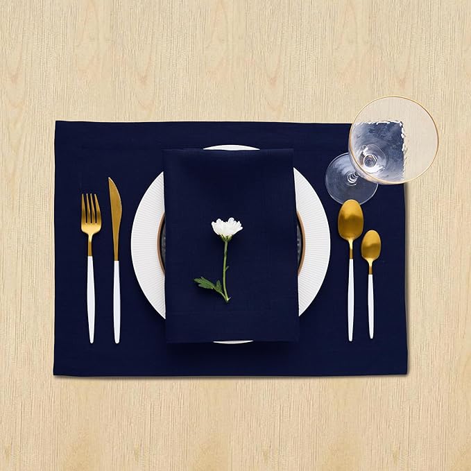 Solino Home Linen Navy Blue Placemats Set of 4 - 100% Pure Linen Placemats 14 x 19 Inch for Fall, Autumn, Christmas, Winter, New Year - Fete