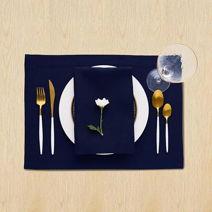 Solino Home Linen Navy Blue Placemats Set of 4 - 100% Pure Linen Placemats 14 x 19 Inch for Fall, Autumn, Christmas, Winter, New Year - Fete