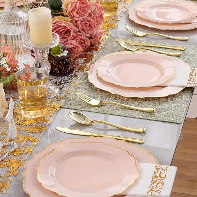 350 PCS Pink Disposable Plates, Scalloped Dinnerware Set for 50 Guests, 100 Plastic Plates, 150 Silverware, 50 Cups & 50 Paper Napkins, Pink