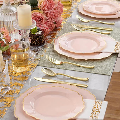 350 PCS Pink Disposable Plates, Scalloped Dinnerware Set for 50 Guests, 100 Plastic Plates, 150 Silverware, 50 Cups & 50 Paper Napkins, Pink