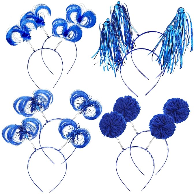 8Pcs Blue Pom Pom Headbands, Tinsel Wrapped Ponytail Headband for Women, Fluffy Ball Hair Loop Cosplay Hair Accessories, Party Headbands for Halloween Christmas Birthday Festival Party Decorations