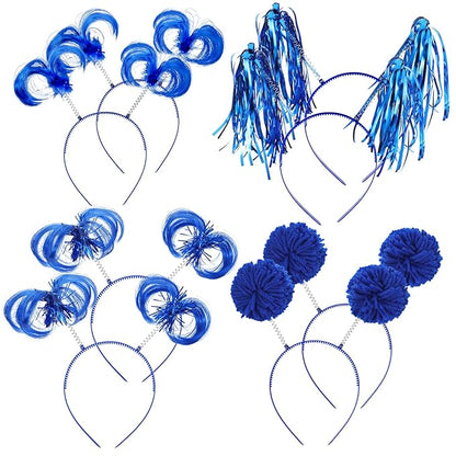 8Pcs Blue Pom Pom Headbands, Tinsel Wrapped Ponytail Headband for Women, Fluffy Ball Hair Loop Cosplay Hair Accessories, Party Headbands for Halloween Christmas Birthday Festival Party Decorations