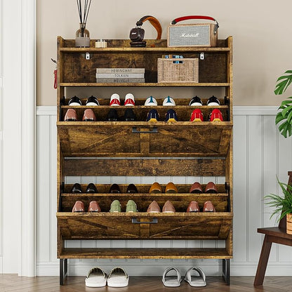 Shoe Cabinet with 2 Flip Drawers Narrow Shoe Storage Cabinet Organizer Wooden Freestanding Rack Hidden Slim Storage for Entryway, Hallway, Living Room, Bedroom (Brown)