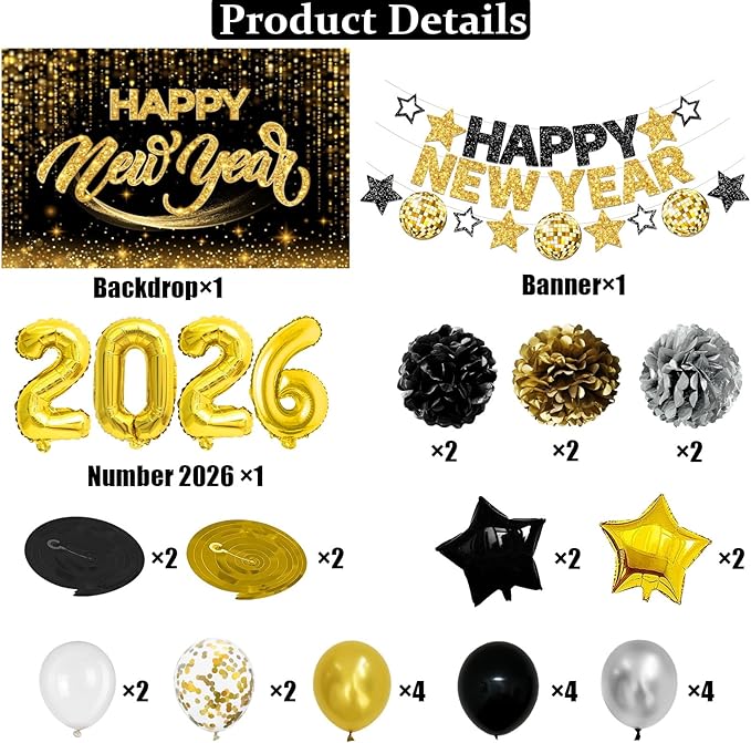 New Years Eve Party Supplies 2026 Happy New Year Decorations Kit - Black Gold Happy New Year Banner, Backdrop, 2026 Balloons, Pom Poms and Hanging Swirls for Kids Adults Party Decor