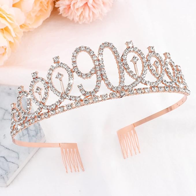CIEHER 90th Birthday Crown, Sash & Pearl Pin Set - Elegant Decorations & Gifts for Her 90th Fabulous Birthday