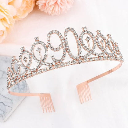 CIEHER 90th Birthday Crown, Sash & Pearl Pin Set - Elegant Decorations & Gifts for Her 90th Fabulous Birthday