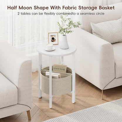 Vagusicc Side Table, Small Round End Table, Tall Accent Table with Storage Basket, Set of 2 Half Round Coffee Tables Half Moon Tables, Bedside Table, Modern Nightstand for Living Room Bedroom, White