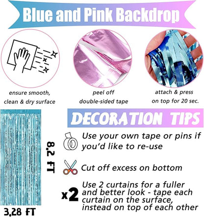 4 Pack 3.2Ft x 8.2Ft Pink Blue Fringe Curtain Backdrop, Metallic Tinsel Foil Fringe Streamers Curtains Background for Photo Booth Wedding Gender Reveal Backdrop Boy or Girl Birthday Party Decoration