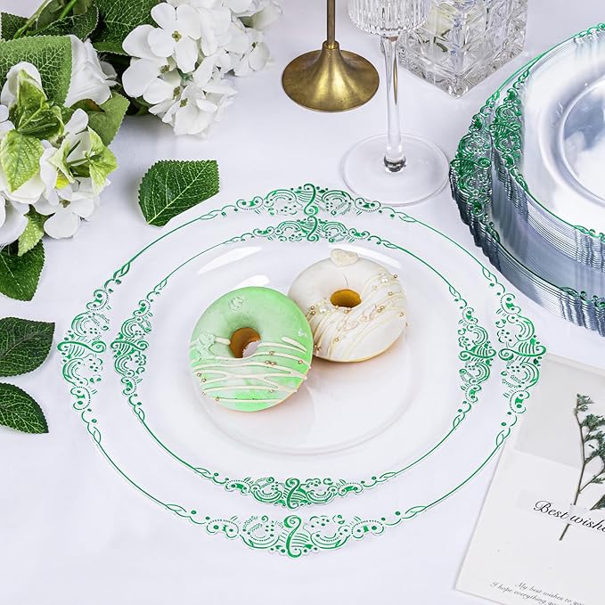 Hioasis 175pcs Clear Green Plastic Plates - Elegant Disposable Dinnerware Set Suitable for 25 Guests Include 10.25" Dinner & 7.5" Dessert Plates, Pre Rolled Silverware Set, Cups for Party & Christmas