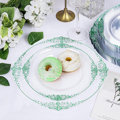 Hioasis 175pcs Clear Green Plastic Plates - Elegant Disposable Dinnerware Set Suitable for 25 Guests Include 10.25" Dinner & 7.5" Dessert Plates, Pre Rolled Silverware Set, Cups for Party & Christmas