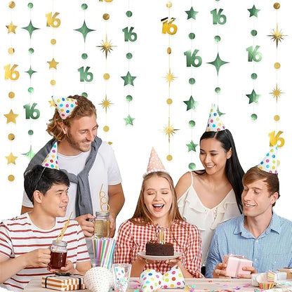 Sage Green Gold Number 16 Circle Dot Twinkle Star Garland Streamer Bunting Banner Backdrop Decorations for Girls Happy 16th Birthday Sweet Sixteen 16th Anniversary Cheers to 16 Years Party Decor