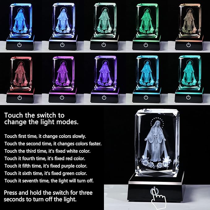 Movdyka 3D Crystal Virgin Mary Statue Religious Gifts for Women Men Christian Laser Engrave Religious Figurine Christmas Ornaments Decor with Colorful LED Base Catholic Gifts Women Friends Faith