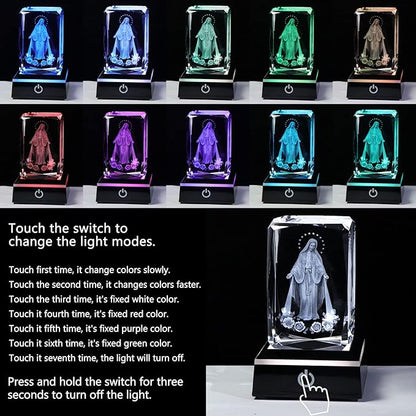 Movdyka 3D Crystal Virgin Mary Statue Religious Gifts for Women Men Christian Laser Engrave Religious Figurine Christmas Ornaments Decor with Colorful LED Base Catholic Gifts Women Friends Faith