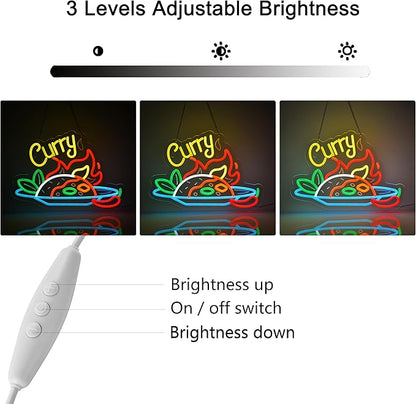Curry Neon Sign, Neon Lights Hanging Wall Art Decoration for Restaturant Shop Store Bar Market Party Celebration Home Decor, USB Powered Ultra Bright Dimmable,16.14×11.42inches