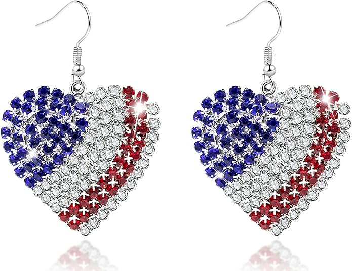 4th of July Independence Day Patriotic Earring for Women American Flag Dangle Earrings Patriotic Red White Blue USA Earring, Pave Crystal Stud