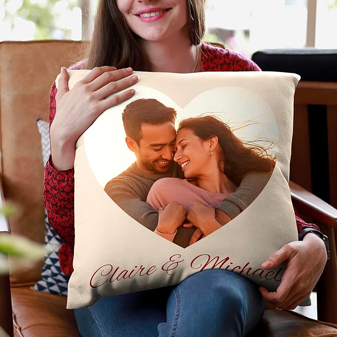 Be Burgundy Custom Heart Photo Pillow Cover 16x16 Inch – Personalized Couple Pillow with Names, Romantic Photo Cushion for Lovers, Engagement, Anniversary, or Wedding Gift for Him or Her