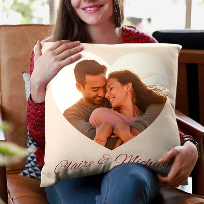 Be Burgundy Custom Heart Photo Pillow Cover 16x16 Inch – Personalized Couple Pillow with Names, Romantic Photo Cushion for Lovers, Engagement, Anniversary, or Wedding Gift for Him or Her